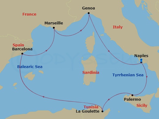 7 Night - Mediterranean - MSC Fantasia - Starting in Naples (Pompeii), Italy, Palermo (Monreale), Italy, La Goulette, Tunisia, Barcelona, Spain, Marseille (Provence), France, Genoa (Portofino), Italy, Naples (Pompeii), Italy itinerary map