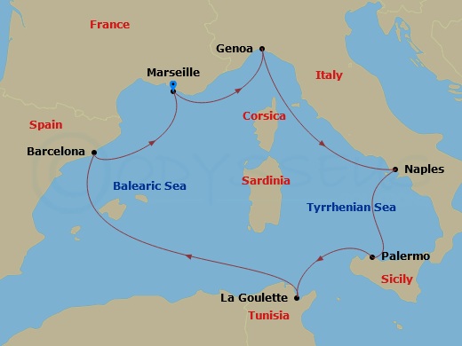 7 Night - Mediterranean - MSC Fantasia - Starting in Marseille (Provence), France, Genoa (Portofino), Italy, Naples (Pompeii), Italy, Palermo (Monreale), Italy, La Goulette, Tunisia, Barcelona, Spain, Marseille (Provence), France itinerary map