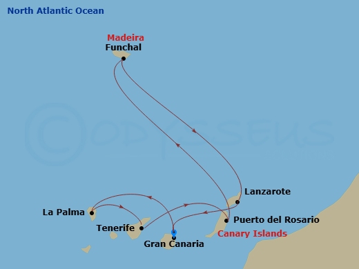 7 Night - Canary Islands and Madeira - MSC Euribia - Starting in Las Palmas de Gran Canaria (Canary Islands), Spain, Santa Cruz de La Palma, Santa Cruz de Tenerife, Puerto Del Rosario / Fuerteventura, Spain, Funchal (Madeira Islands), Portugal, Arrecife De Lanzarote (Canary Islands), Spain, Las Palmas de Gran Canaria (Canary Islands), Spain itinerary map