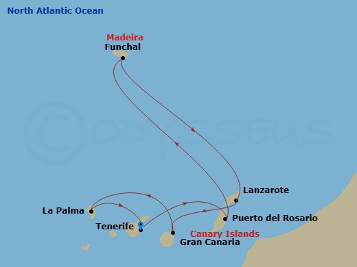 7 Night - Canary Islands and Madeira - MSC Euribia - Starting in Santa Cruz de Tenerife, Puerto Del Rosario / Fuerteventura, Spain, Funchal (Madeira Islands), Portugal, Arrecife De Lanzarote (Canary Islands), Spain, Las Palmas de Gran Canaria (Canary Islands), Spain, Santa Cruz de La Palma, Santa Cruz de Tenerife itinerary map