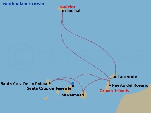 7 Night - Canary Islands and Madeira - MSC Euribia - Starting in Santa Cruz de Tenerife, Arrecife De Lanzarote (Canary Islands), Spain, Funchal (Madeira Islands), Portugal, Puerto Del Rosario / Fuerteventura, Spain, Las Palmas de Gran Canaria (Canary Islands), Spain, Santa Cruz de La Palma, Santa Cruz de Tenerife itinerary map