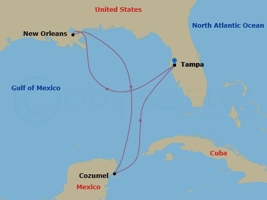 7 Night - Mardi Gras Overnight & Mexico - Margaritaville Islander - Starting in Port Tampa Bay, New Orleans, Louisiana, Cozumel, Mexico, Port Tampa Bay itinerary map