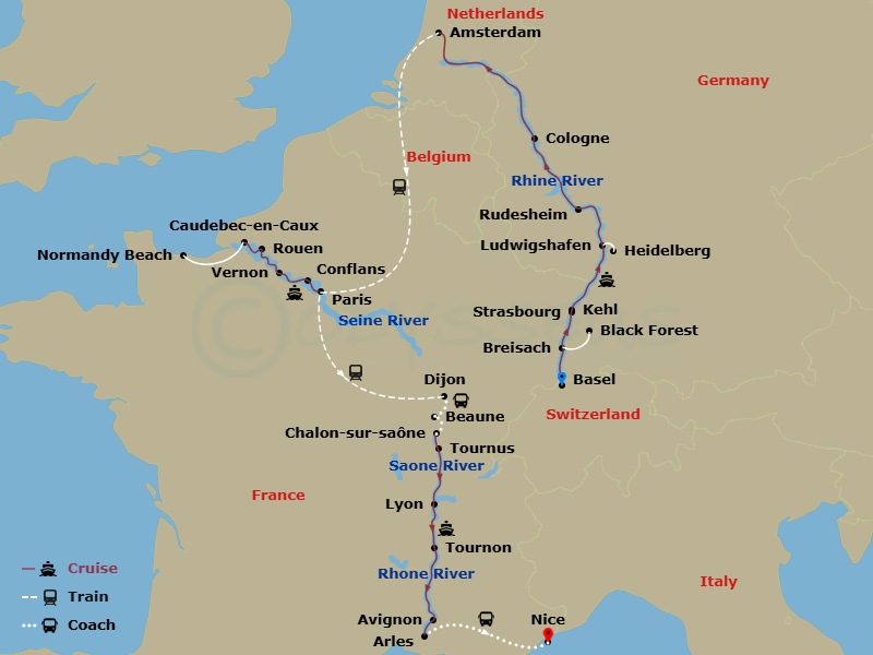 23 Night - European Masterpiece : the Rhine, Seine & Rhone Revealed with in French Riviera - Avalon View Tours - Starting in Basel, Switzerland (Embarkation), Breisach, Germany Excursion to Black Forest, Kehl Excursion to Strasbourg, France, Ludwigshafen, Germany Excursion to Heidelberg, Rudesheim / Rhine Gorge, Cologne, Amsterdam, the Netherlands, Amsterdam (Disembarkation) Paris, France (Embarkation), Vernon, Caudebec, Caudebec Excursion to Normandy, Rouen, Conflans, Paris, Paris (Disembarkation) Lyon (Embarkation), Lyon, Lyon / Macon, Macon, Tournon, Avignon, Arles, Arles (Disembarkation) French Riviera, French Riviera itinerary map