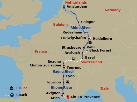 16 Night - Rhine & Rhone Revealed with in French Riviera (Southbound) - Avalon View Tours - Starting in Amsterdam, the Netherlands (Embarkation), Amsterdam, Cologne, Germany, Rhine Gorge / Rudesheim, Ludwigshafen / Heidelberg Excursion, Kehl Excursion to Strasbourg, France, Breisach, Germany Excursion to Black Forest, Basel, Switzerland (Disembarkation) Beaune / Lyon (Embarkation), Lyon, Lyon / Macon, Macon, Tournon, Avignon, Arles, Arles (Disembarkation) French Riviera, French Riviera itinerary map