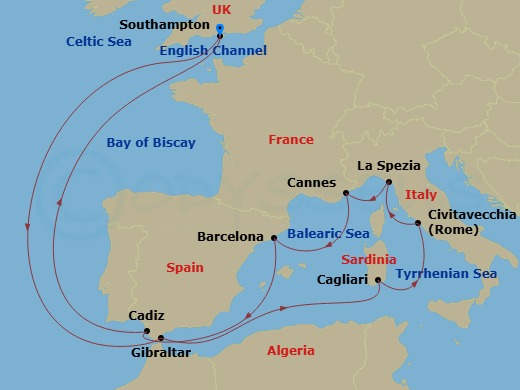 14 Night - Best of Italy, Spain & France - Celebrity Apex - Starting in Southampton, England, Gibraltar, United Kingdom, Cagliari, Sardinia, Italy, Rome (Civitavecchia), Italy, Florence / Pisa (La Spezia), Italy, Cannes, France, Barcelona, Spain, Seville (Cadiz), Spain, Southampton, England itinerary map