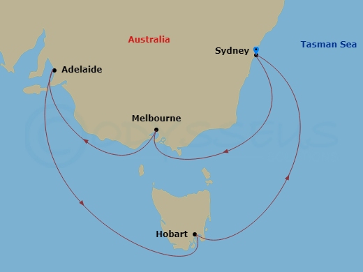 9 Night - Australia Wine & Tasmania - Celebrity Edge - Starting in Sydney AU, Melbourne, Australia, Adelaide, Australia, Hobart, Tasmania, Sydney AU itinerary map