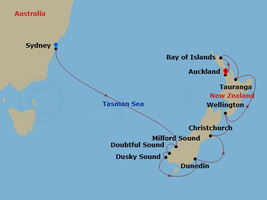 10 Night - Best of New Zealand - Celebrity Edge - Starting in Sydney AU, Milford Sound, New Zealand, Doubtful Sound, Dusky Sound, Dunedin, New Zealand, Christchurch, New Zealand, Wellington, New Zealand, Tauranga, New Zealand, Bay of Islands, New Zealand, Auckland, New Zealand itinerary map