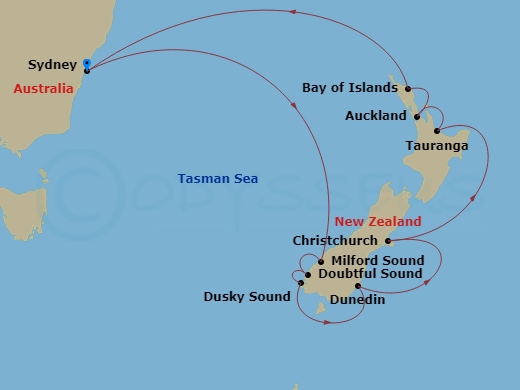 12 Night - Best of New Zealand - Celebrity Edge - Starting in Sydney AU, Milford Sound, New Zealand, Doubtful Sound, Dusky Sound, Dunedin, New Zealand, Christchurch, New Zealand, Tauranga, New Zealand, Auckland, New Zealand, Bay of Islands, New Zealand, Sydney AU itinerary map