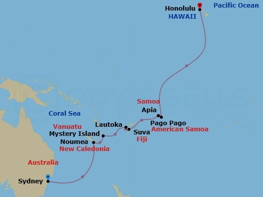 19 Night - Australia, Hawaii Transpacific - Celebrity Edge - Starting in Sydney AU, Noumea, New Caledonia, Mystery Island, Vanuatu, Lautoka, Fiji, Suva, Fiji, Apia, Samoa, International Dateline, Pago Pago, American Samoa, Honolulu, Oahu, Hawaii itinerary map