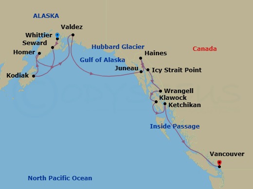 14 Night - Alaskan Fjords & the Inside Passage - Viking Orion - Starting in Whittier, Alaska, Seward, Alaska, Kodiak, Alaska, Homer, Valdez, Alaska, Scenic Sailing Hubbard Glacier, Icy Strait Point, Alaska, Haines, Alaska, Juneau, Alaska, Scenic Sailing Tracy Arm, Wrangell, Alaska, Klawock, Alaska, Ketchikan, Alaska, Scenic Sailing the Inside Passage, Vancouver, British Columbia itinerary map