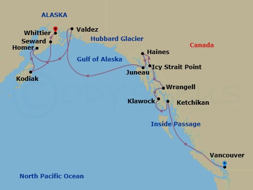 14 Night - Alaskan Fjords & the Inside Passage - Viking Orion - Starting in Vancouver, British Columbia, Scenic Sailing the Inside Passage, Ketchikan, Alaska, Klawock, Alaska, Wrangell, Alaska, Scenic Sailing Tracy Arm, Juneau, Alaska, Haines, Alaska, Icy Strait Point, Alaska, Scenic Sailing Hubbard Glacier, Valdez, Alaska, Homer, Kodiak, Alaska, Seward, Alaska, Whittier, Alaska itinerary map