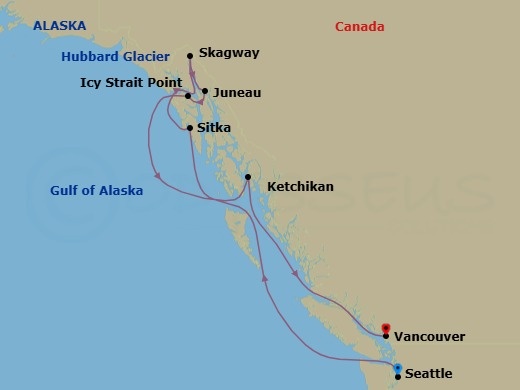 10 Night - Alaska Experience Cruise - Ovation Of The Seas - Starting in Seattle, Washington, Sitka, Alaska, Skagway, Alaska, Juneau, Alaska, Hubbard Glacier (Cruising), Icy Strait Point, Alaska, Ketchikan, Alaska, Vancouver, British Columbia itinerary map