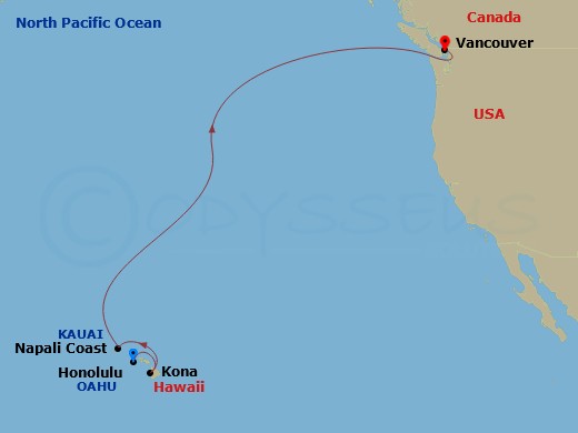 9 Night - Hawaii Cruise - Anthem of the Seas - Starting in Honolulu, Oahu, Hawaii, Napali Coast (Cruising), Kailua Kona, Hawaii, Vancouver, British Columbia itinerary map