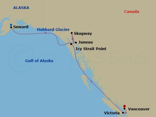 7 Night - Southbound Alaska & Hubbard Glacier - Anthem of the Seas - Starting in Seward, Alaska, Hubbard Glacier (Cruising), Juneau, Alaska, Skagway, Alaska, Icy Strait Point, Alaska, Victoria CA, Canada, Vancouver, British Columbia itinerary map