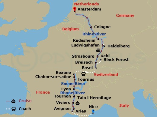 16 Night - Rhine & Rhone Revealed with in French Riviera (Northbound) - Avalon Poetry II Tours - Starting in French Riviera, France, French Riviera, French Riviera / Arles (Embarkation), Arles, Avignon, Viviers, Tain-lhermitage Excursion to Tournon, Macon, Lyon, Lyon (Disembarkation) Beaune / Basel, Switzerland (Embarkation), Breisach, Germany Excursion to Black Forest, Kehl Excursion to Strasbourg, France, Ludwigshafen, Germany Excursion to Heidelberg, Rudesheim / Rhine Gorge, Cologne, Amsterdam, the Netherlands, Amsterdam (Disembarkation) itinerary map