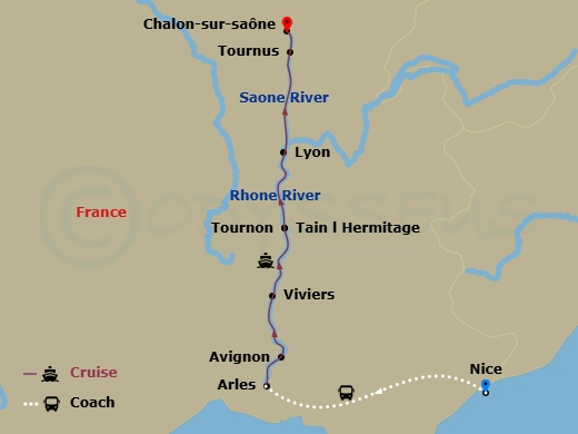 9 Night - Burgundy & Provence with in French Riviera (Northbound) - Avalon Poetry II Tours - Starting in French Riviera, French Riviera / Arles (Embarkation), Arles, Avignon, Viviers, Tain-lhermitage Excursion to Tournon, Macon, Lyon itinerary map