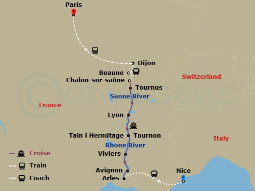 11 Night - Burgundy & Provence with in French Riviera & in Paris (Northbound) - Avalon Poetry II Tours - Starting in French Riviera, French Riviera / Arles (Embarkation), Arles, Avignon, Viviers, Tain-lhermitage Excursion to Tournon, Macon, Lyon, Lyon (Disembarkation) Paris, Paris itinerary map