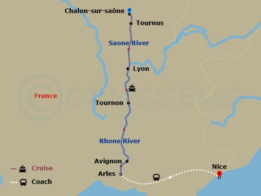 9 Night - Burgundy & Provence with in French Riviera (Southbound) - Avalon Poetry II Tours - Starting in Lyon, France (Embarkation), Lyon, Lyon / Macon, Macon, Tournon, Avignon, Arles, Arles (Disembarkation) French Riviera, French Riviera itinerary map
