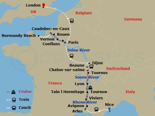 19 Night - Grand France with in French Riviera & in London (Northbound) - Avalon Poetry II Tours - Starting in French Riviera, French Riviera / Arles (Embarkation), Arles, Avignon, Viviers, Tain-lhermitage Excursion to Tournon, Macon, Lyon, Lyon (Disembarkation) Paris (Embarkation), Vernon, Caudebec, Caudebec Excursions to Normandy, Rouen, Conflans, Paris, Paris (Disembarkation) London, London itinerary map