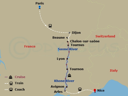 11 Night - Burgundy & Provence with in Paris & in French Riviera (Southbound) - Avalon Poetry II Tours - Starting in Paris, France, Paris, Paris / Lyon (Embarkation), Lyon, Lyon / Macon, Macon, Tournon, Avignon, Arles, Arles (Disembarkation) French Riviera, French Riviera itinerary map