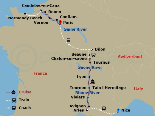 16 Night - Grand France with in French Riviera (Northbound) - Avalon Poetry II Tours - Starting in French Riviera, French Riviera / Arles (Embarkation), Arles, Avignon, Viviers, Tain-lhermitage Excursion to Tournon, Macon, Lyon, Lyon (Disembarkation) Paris (Embarkation), Vernon, Caudebec, Caudebec Excursions to Normandy, Rouen, Conflans, Paris, Paris (Disembarkation) itinerary map