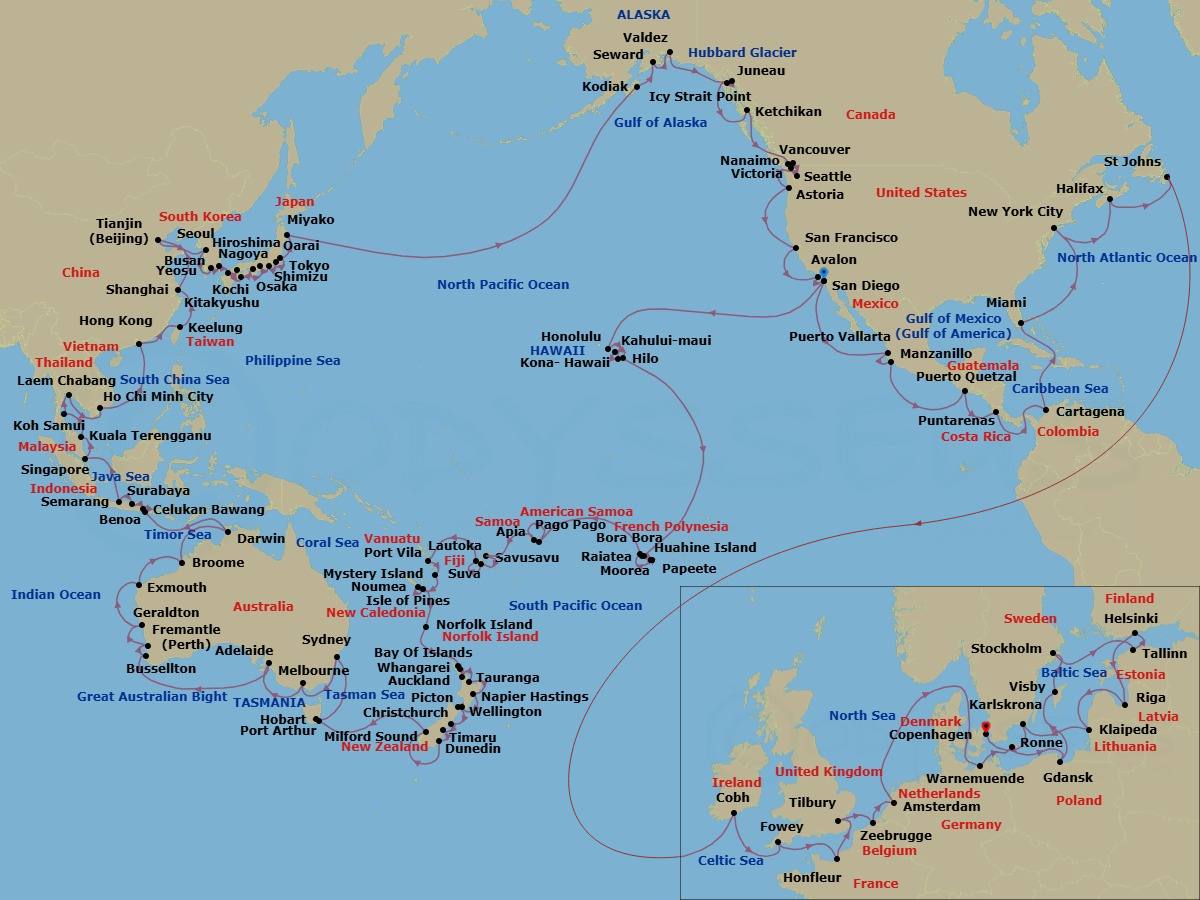 195 Night - World Cruise - Azamara Quest - Starting in San Diego, Honolulu, Oahu, Hawaii, Kailua-kona, Hawaii, Kahului, Maui, Hawaii, Hilo, Hawaii, Huahine, Moorea, Papeete, Tahiti, Moorea, Papeete, Tahiti, Bora Bora, Raiatea, Pago Pago, Cross International Dateline West, Apia, Savusavu, Suva, Lautoka, Port Vila, Mystery Island, Noumea, Isle of Pines, Norfolk Island, Bay of Islands, Whangarei, Auckland, Tauranga, Napier, Wellington, Picton, Christchurch, Timaru, Dunedin, Milford Sound, Hobart, Tasmania, Port Arthur, Sydney AU, Melbourne, Adelaide, Margaret River (Busselton), Perth (Fremantle), Geraldton, Exmouth, Broome, Cruising Yampi Sound and Kimberley Coast, Darwin, Benoa, Bali, Celukan, Bawang, Bali, Surabaya, Semarang, Singapore, Kuala Terengganu, Koh Samui, Bangkok (Laem Chabang), Ho Chi Minh City, Hong Kong, Taipei (Keelung), Shanghai, Beijing (Tianjin), Seoul (Incheon), Yeosu, Busan, Kitakyushu, Hiroshima, Kochi, Osaka, Nagoya, Mount Fuji (Shimizu), Tokyo, Oarai, Miyako, Iwate, Kodiak, Alaska, Seward, Alaska, Valdez, Alaska, Cruise Hubbard Glacier, Juneau, Alaska, Icy Strait Point, Alaska, Ketchikan (Ward Cove), Alaska, Nanaimo, British Columbia, Vancouver, British Columbia, Seattle, Victoria CA, Canada, Astoria, Oregon, San Francisco, California, Avalon, Catalina Island, California, San Diego, Puerto Vallarta, Manzanillo, Puerto Quetzal, Puntarenas, Panama Canal (Cruising), Cartagena CO, Miami, Florida, New York City, New York, Halifax, Nova Scotia, St Johns NF, Newfoundland, Cork (Cobh), Fowey, Honfleur, London (Tilbury), England, Bruges (Zeebrugge), Amsterdam (Ijmuiden), Kiel Canal Cruising, Berlin (Warnemunde), Ronne, Bornholm, Gdansk, Visby, Sweden, Stockholm, Tallinn, Helsinki, Riga, Klaipeda, Karlskrona, Sweden, Copenhagen itinerary map