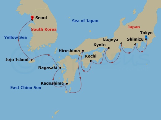 12 Night - Tokyo Pre Cruisetour - Norwegian Jade Tours - Starting in At Hotel, Tokyo, Japan, Mount Fuji / Shimizu, Japan, Nagoya, Japan, Kyoto / Osaka, Japan, Kochi, Japan, Hiroshima, Japan, Kagoshima, Japan, Nagasaki, Japan, Jeju, South Korea, Seoul (Incheon), South Korea itinerary map