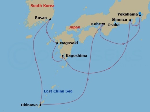 13 Night - Japan & Korea : Tokyo, Okinawa - Celebrity Solstice - Starting in Tokyo (Yokohama), Japan, Kobe, Japan, Kyoto (Osaka), Japan, Okinawa, Japan, Busan, South Korea, Nagasaki, Japan, Kagoshima, Japan, Mount Fuji (Shimizu), Japan, Tokyo (Yokohama), Japan itinerary map