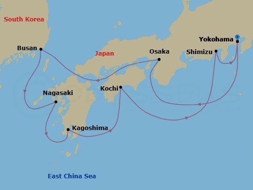 12 Night - Japan Cherry Blossoms - Celebrity Solstice - Starting in Tokyo (Yokohama), Japan, Kyoto (Osaka), Japan, Busan, South Korea, Nagasaki, Japan, Kagoshima, Japan, Kochi, Japan, Mount Fuji (Shimizu), Japan, Tokyo (Yokohama), Japan itinerary map