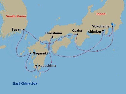 12 Night - Japan Cherry Blossoms - Celebrity Solstice - Starting in Tokyo (Yokohama), Japan, Kyoto (Osaka), Japan, Busan, South Korea, Nagasaki, Japan, Kagoshima, Japan, Hiroshima, Japan, Mount Fuji (Shimizu), Japan, Tokyo (Yokohama), Japan itinerary map