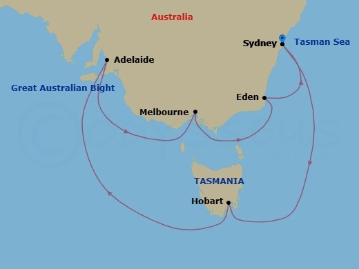 10 Night - Australia Wine & Tasmania - Celebrity Solstice - Starting in Sydney AU, Hobart, Tasmania, Adelaide, Australia, Melbourne, Australia, Eden, Australia, Sydney AU itinerary map