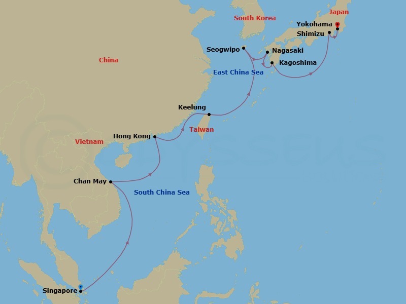 14 Night - Singapore to Tokyo - Celebrity Solstice - Starting in Singapore, Hue / Danang (Chan May), Vietnam, Hong Kong, China, Taipei (Keelung), Taiwan, China, Jeju (Seogwipo), South Korea, Nagasaki, Japan, Kagoshima, Japan, Mount Fuji (Shimizu), Japan, Tokyo (Yokohama), Japan itinerary map