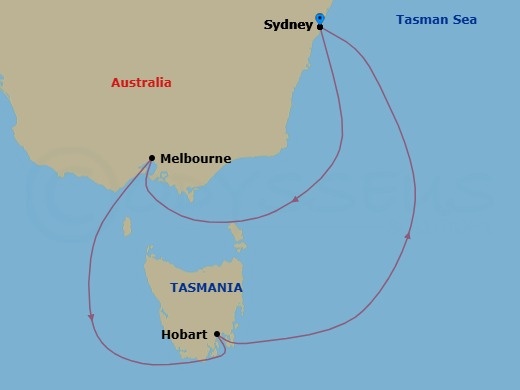 7 Night - Australia & Tasmania - Celebrity Solstice - Starting in Sydney AU, Melbourne, Australia, Hobart, Tasmania, Sydney AU itinerary map