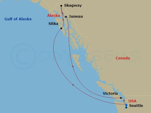 7 Night - Alaska Experience Cruise - Voyager of the Seas - Starting in Seattle, Washington, Sitka, Alaska, Skagway, Alaska, Juneau, Alaska, Victoria CA, Canada, Seattle, Washington itinerary map