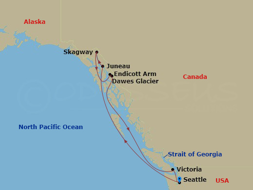 7 Night - Alaska Adventure Cruise - Voyager of the Seas - Starting in Seattle, Washington, Juneau, Alaska, Skagway, Alaska, Endicott Arm and Dawes Glacier, Victoria CA, Canada, Seattle, Washington itinerary map