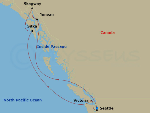 7 Night - Alaska Experience Cruise - Voyager of the Seas - Starting in Seattle, Washington, Juneau, Alaska, Skagway, Alaska, Sitka, Alaska, Victoria CA, Canada, Seattle, Washington itinerary map