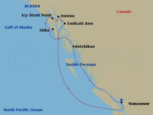7 Night - Alaska Inside Passage Cruise - Serenade of the Seas - Starting in Vancouver, British Columbia, Inside Passage (Cruising), Endicott Arm and Dawes Glacier, Juneau, Alaska, Icy Strait Point, Alaska, Sitka, Alaska, Ketchikan, Alaska, Inside Passage (Cruising), Vancouver, British Columbia itinerary map
