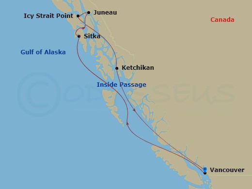 7 Night - Alaska Inside Passage Cruise - Serenade of the Seas - Starting in Vancouver, British Columbia, Inside Passage (Cruising), Sitka, Alaska, Juneau, Alaska, Icy Strait Point, Alaska, Ketchikan, Alaska, Inside Passage (Cruising), Vancouver, British Columbia itinerary map