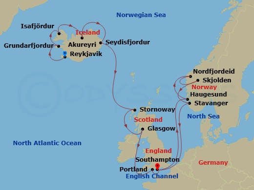 17 Night - Viking Fjords Adventure - Regal Princess - Starting in Reykjavik, Iceland, Grundarfjordur, Iceland, Isafjordur, Iceland, Akureyri, Iceland, Seydisfjordur, Iceland, Stornoway, Scotland, Glasgow (Greenock), Scotland, Portland UK, Southampton (for London), England, Haugesund, Norway, Nordfjordeid, Norway, Nordfjordland, Norway, Skjolden / Sognefjord, Norway, Sognefjord (Scenic Cruising), Stavanger, Norway, Southampton (for London), England itinerary map