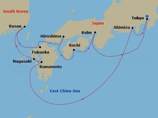 12 Night - Japan Cherry Blossoms - Celebrity Millennium - Starting in Tokyo, Japan, Mount Fuji (Shimizu), Japan, Kumamoto (Yatsushiro), Japan, Nagasaki, Japan, Busan, South Korea, Fukuoka, Japan, Hiroshima, Japan, Kochi, Japan, Kobe, Japan, Tokyo, Japan itinerary map
