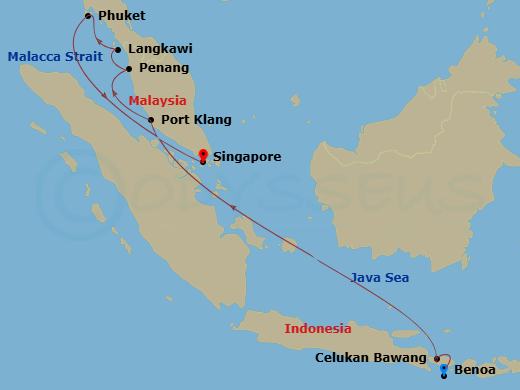 12 Night - Bali to Singapore - Celebrity Millennium - Starting in Benoa, Bali, Indonesia, Celukan Bawang, Indonesia, Port Klang, Malaysia, Penang, Malaysia, Langkawi, Malaysia, Phuket, Thailand, Singapore itinerary map