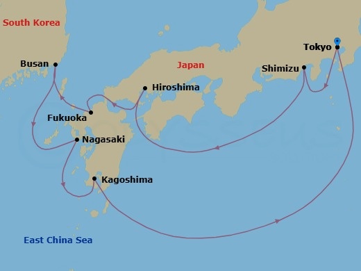 10 Night - Japan Cherry Blossoms - Celebrity Millennium - Starting in Tokyo, Japan, Mount Fuji (Shimizu), Japan, Hiroshima, Japan, Fukuoka, Japan, Busan, South Korea, Nagasaki, Japan, Kagoshima, Japan, Tokyo, Japan itinerary map