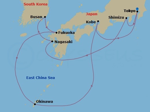 12 Night - Japan & Korea : Tokyo, Nagasaki - Celebrity Millennium - Starting in Tokyo, Japan, Mount Fuji (Shimizu), Japan, Nagasaki, Japan, Busan, South Korea, Fukuoka, Japan, Okinawa, Japan, Kobe, Japan, Tokyo, Japan itinerary map