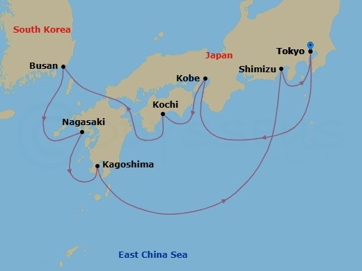 11 Night - Japan & Korea : Tokyo, Nagasaki - Celebrity Millennium - Starting in Tokyo, Japan, Kobe, Japan, Kochi, Japan, Busan, South Korea, Nagasaki, Japan, Kagoshima, Japan, Mount Fuji (Shimizu), Japan, Tokyo, Japan itinerary map