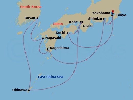 14 Night - Japan & Korea : Tokyo, Okinawa - Celebrity Millennium - Starting in Tokyo (Yokohama), Japan, Kochi, Japan, Kyoto (Osaka), Japan, Kobe, Japan, Okinawa, Japan, Busan, South Korea, Nagasaki, Japan, Kagoshima, Japan, Mount Fuji (Shimizu), Japan, Tokyo, Japan itinerary map