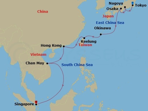 14 Night - Tokyo to Singapore - Celebrity Millennium - Starting in Tokyo, Japan, Nagoya, Japan, Kyoto (Osaka), Japan, Okinawa, Japan, Taipei (Keelung), Taiwan, China, Hong Kong, China, Hue / Danang (Chan May), Vietnam, Singapore itinerary map