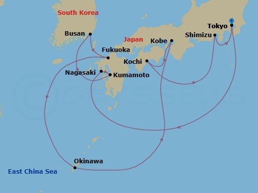 14 Night - Japan Cherry Blossoms - Celebrity Millennium - Starting in Tokyo, Japan, Nagasaki, Japan, Kumamoto (Yatsushiro), Japan, Busan, South Korea, Fukuoka, Japan, Okinawa, Japan, Kobe, Japan, Kochi, Japan, Mount Fuji (Shimizu), Japan, Tokyo, Japan itinerary map