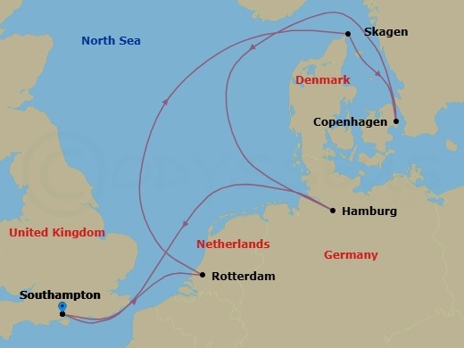 8 Night - Northern City Escapes Cruise - Freedom of the Seas - Starting in Southampton, England, Rotterdam, Netherlands, Skagen, Denmark, Copenhagen, Denmark, Hamburg, Germany, Southampton, England itinerary map