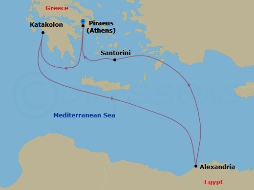 7 Night - Best of Greece & Egypt Cruise - Rhapsody of the Seas - Starting in Athens (Piraeus), Greece, Olympia (Katakolon), Greece, Alexandria EG, Santorini, Greece, Athens (Piraeus), Greece itinerary map