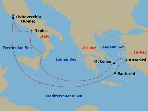 7 Night - Greek Isles Cruise - Odyssey of the Seas - Starting in Rome (Civitavecchia), Italy, Santorini, Greece, Ephesus (Kusadasi), Turkey, Mykonos, Greece, Naples, Italy, Rome (Civitavecchia), Italy itinerary map